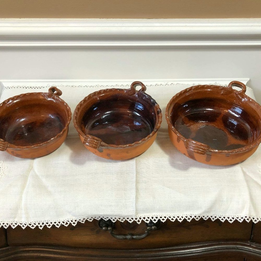Mexican pottery - loop handled redware nesting bowl trio